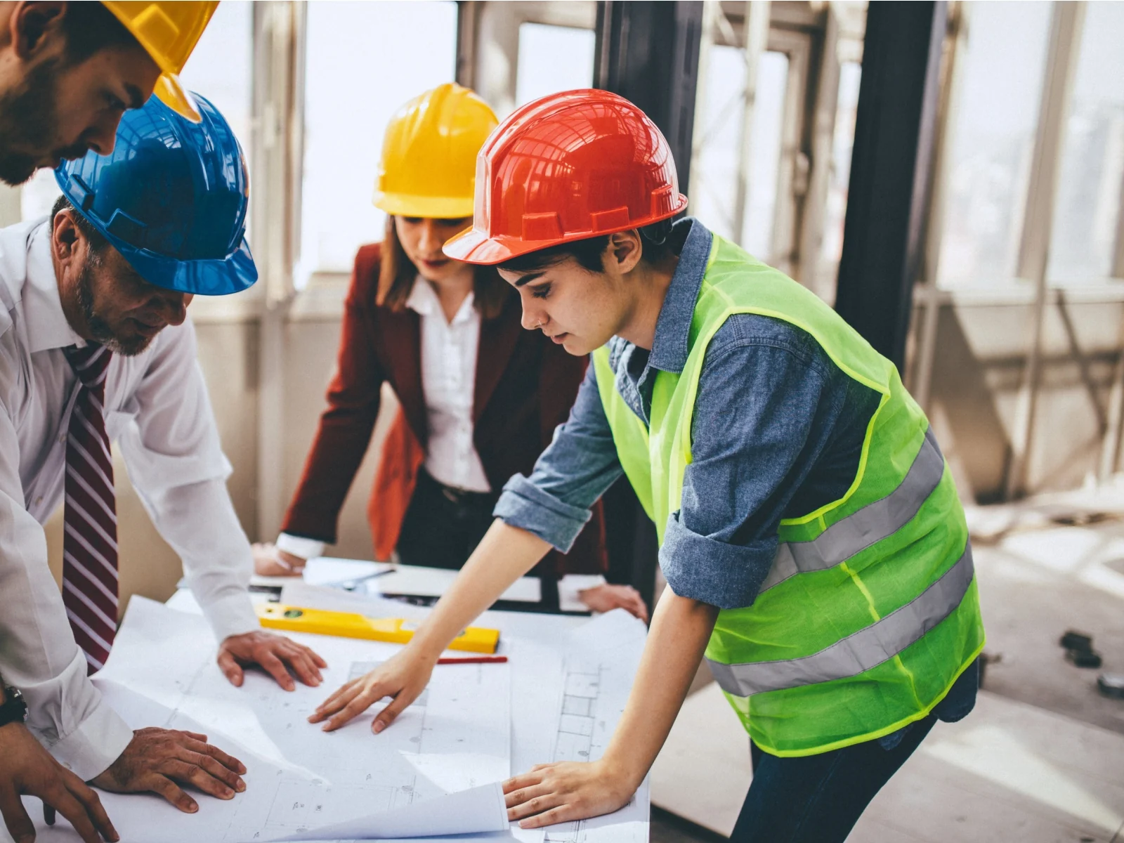 Equipo de empleados de una empresa de construcción revisando planos