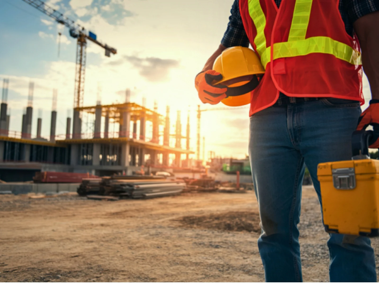 Trabajador en una obra de construcción con casco y chaleco de seguridad