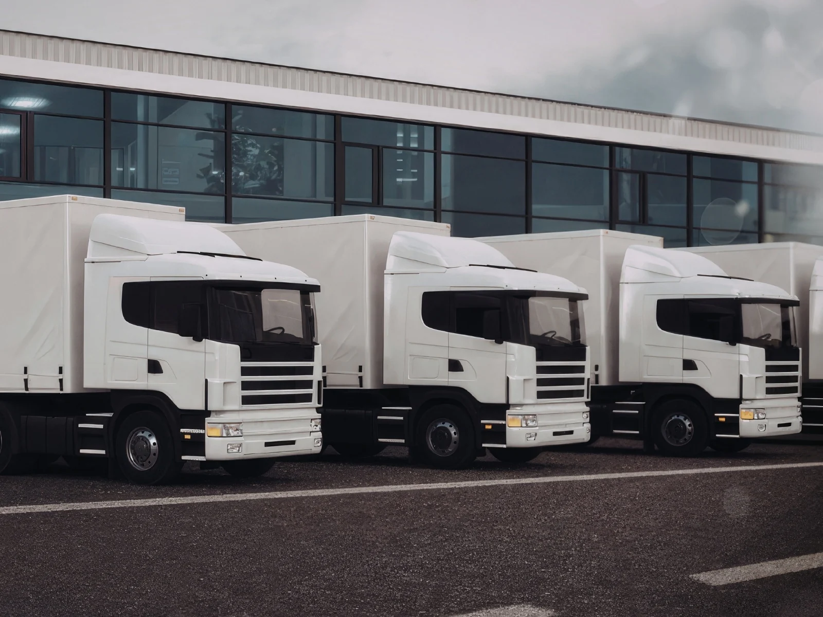 Flota de camiones de empresa estacionados frente a unas instalaciones