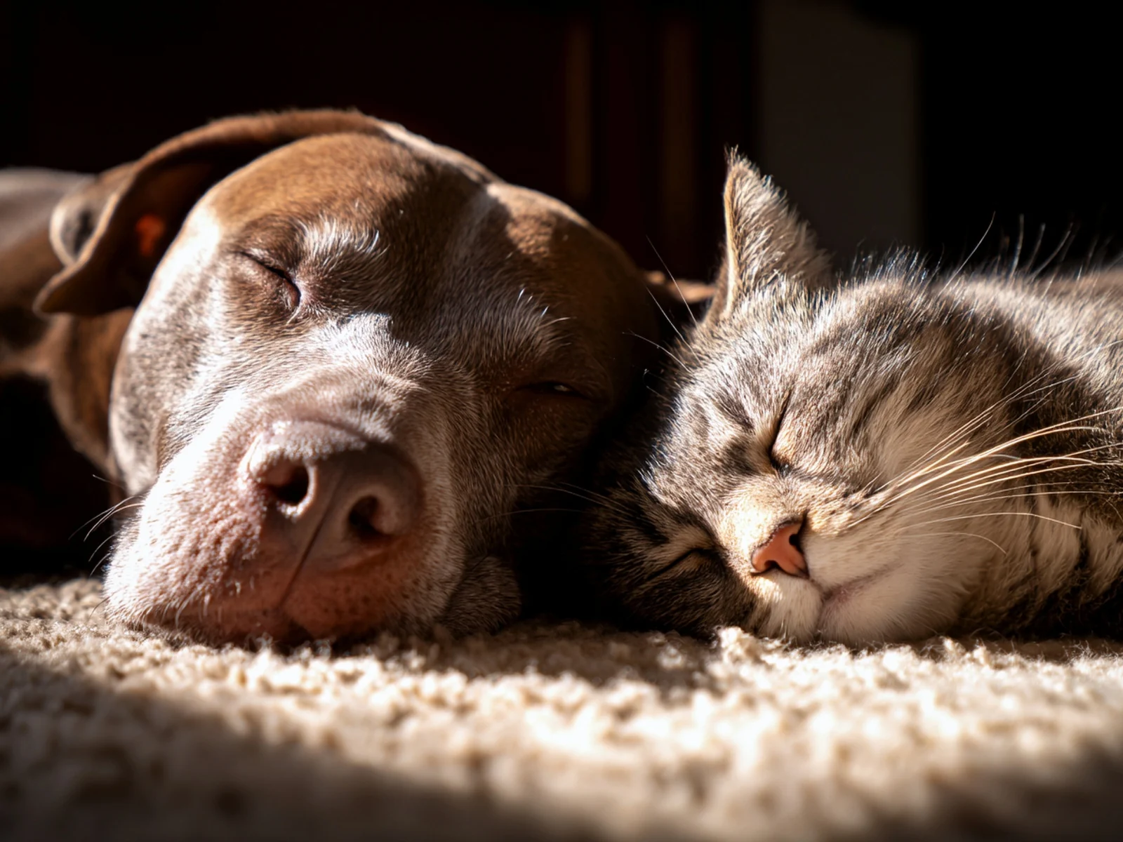 Perro y gato descansando juntos en casa
