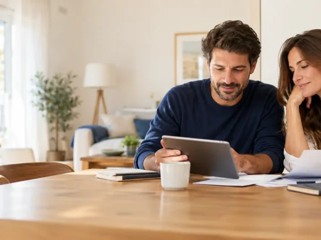 Pareja revisando sus seguros en casa durante la vuelta a la rutina