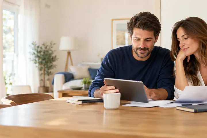 Pareja revisando sus seguros en casa durante la vuelta a la rutina