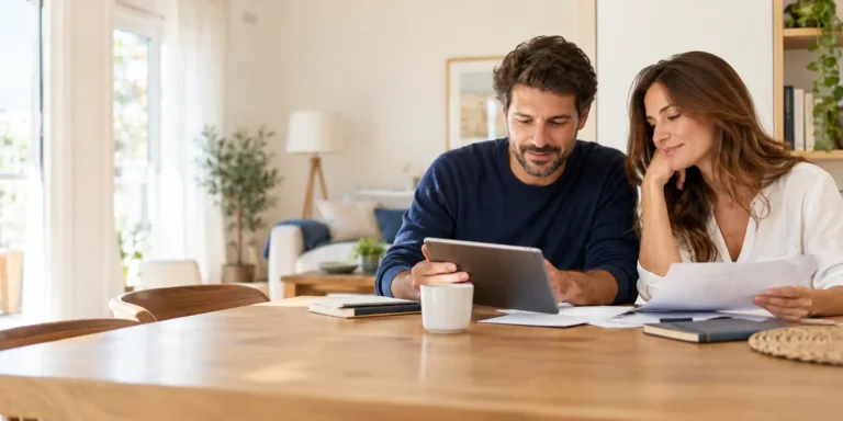 Pareja revisando sus seguros en casa durante la vuelta a la rutina