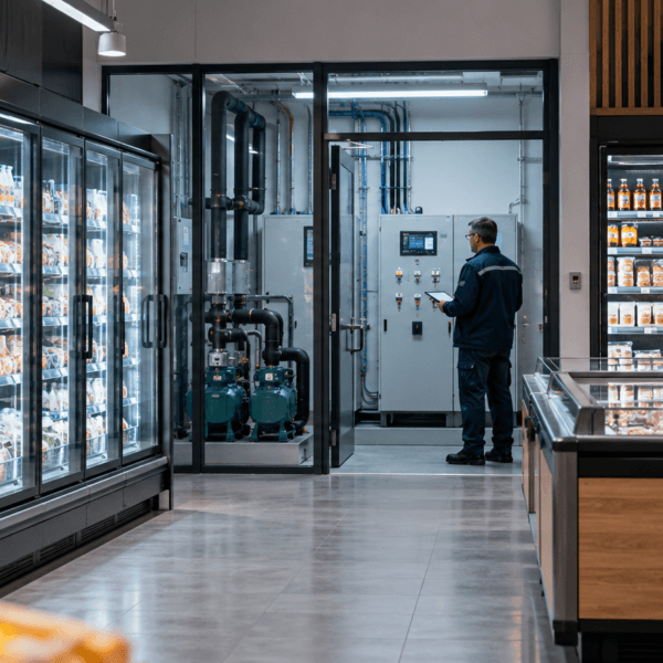 Técnico revisando los controles de refrigeración de un supermercado ciber ataque