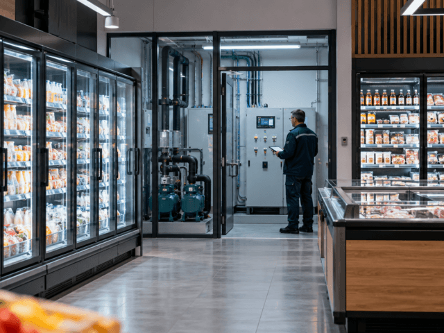 Técnico revisando los controles de refrigeración de un supermercado ciber ataque
