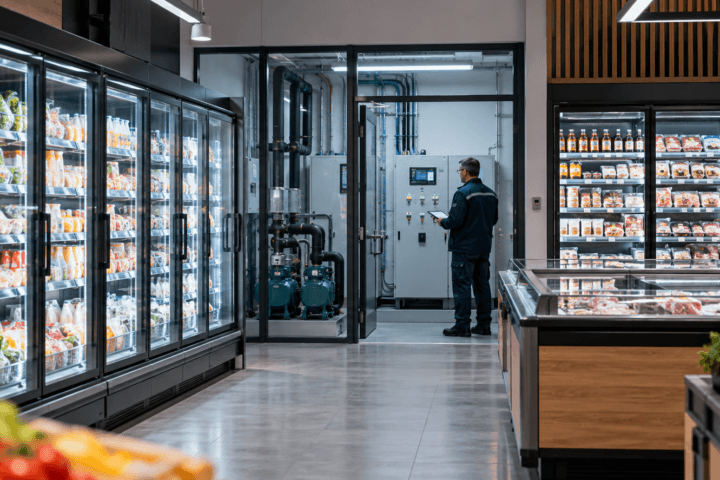 Técnico revisando los controles de refrigeración de un supermercado ciber ataque