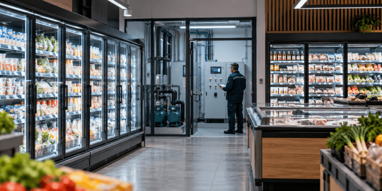 Técnico revisando los controles de refrigeración de un supermercado ciber ataque